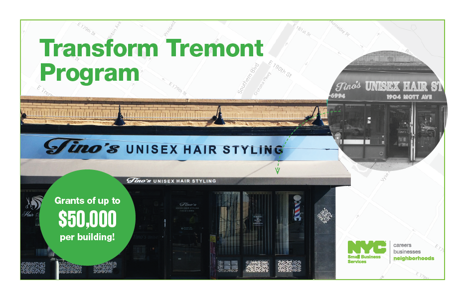 front of postcard promoting the Transform Tremont Program with a before and after photo